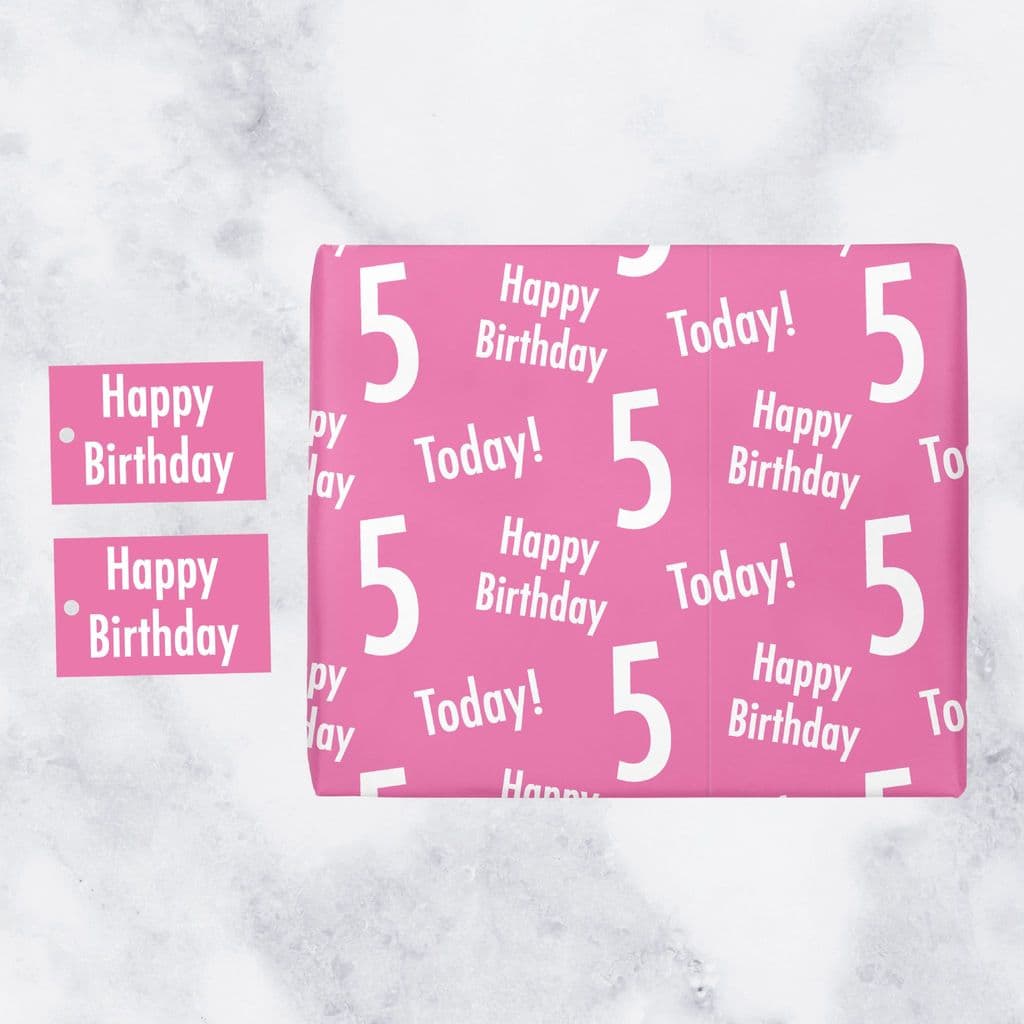 Personalised Happy 5th Birthday Wrapping paper Pink Gift Wrap with a number 5 